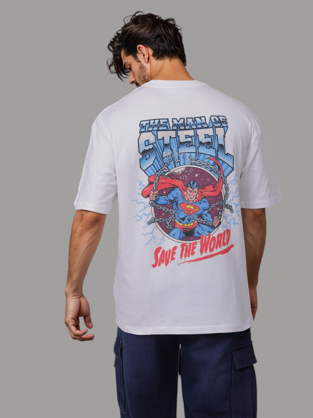 Men's White Boxy Fit Character Print Crew Neck T-shirt