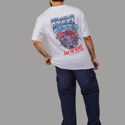 Men's White Boxy Fit Character Print Crew Neck T-shirt