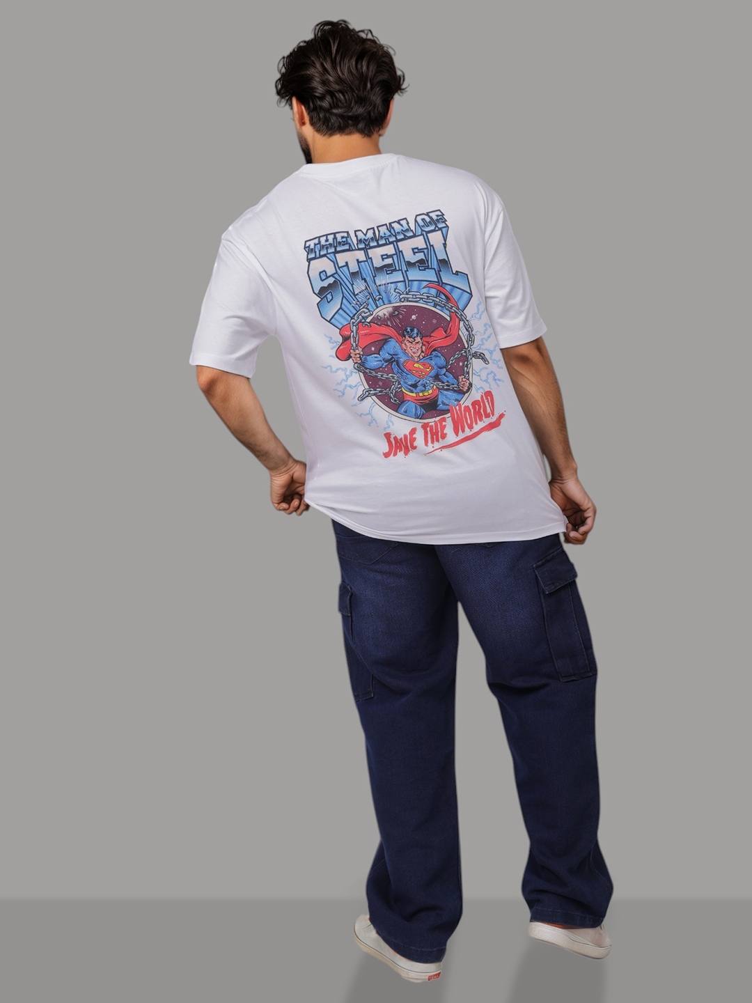 Men's White Boxy Fit Character Print Crew Neck T-shirt