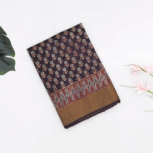 Charcoal Handloom Tussar Silk Saree With Printed Floral Motifs-Black