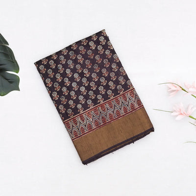 Charcoal Handloom Tussar Silk Saree With Printed Floral Motifs-Black