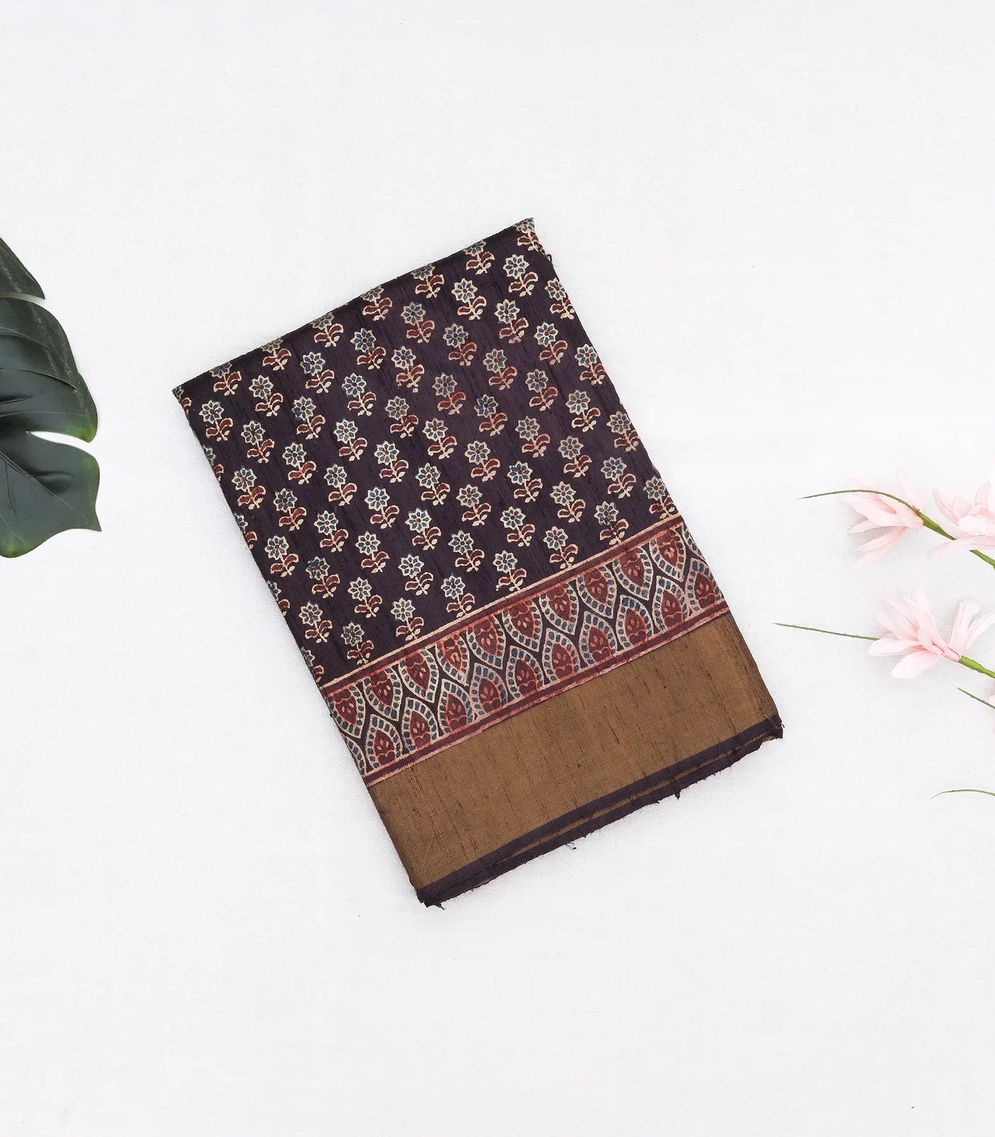 Charcoal Handloom Tussar Silk Saree With Printed Floral Motifs-Black