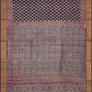 Charcoal Handloom Tussar Silk Saree With Printed Floral Motifs-Black