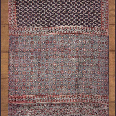 Charcoal Handloom Tussar Silk Saree With Printed Floral Motifs-Black