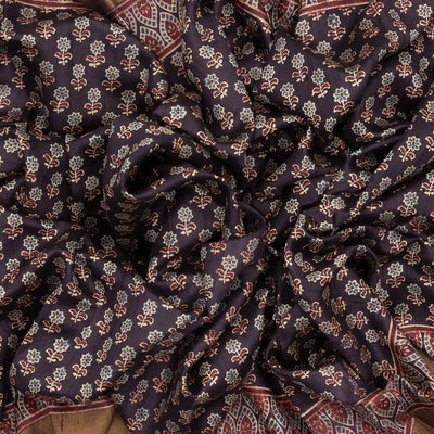 Charcoal Handloom Tussar Silk Saree With Printed Floral Motifs-Black