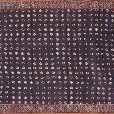 Charcoal Handloom Tussar Silk Saree With Printed Floral Motifs-Black