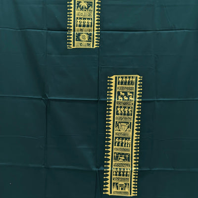 Dark Green Saura Art Pattachitra Kurta Cotton Dress Material (Unstitched)
