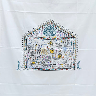 White Saura Art Pattachitra Kurta Cotton Dress Material (Unstitched)