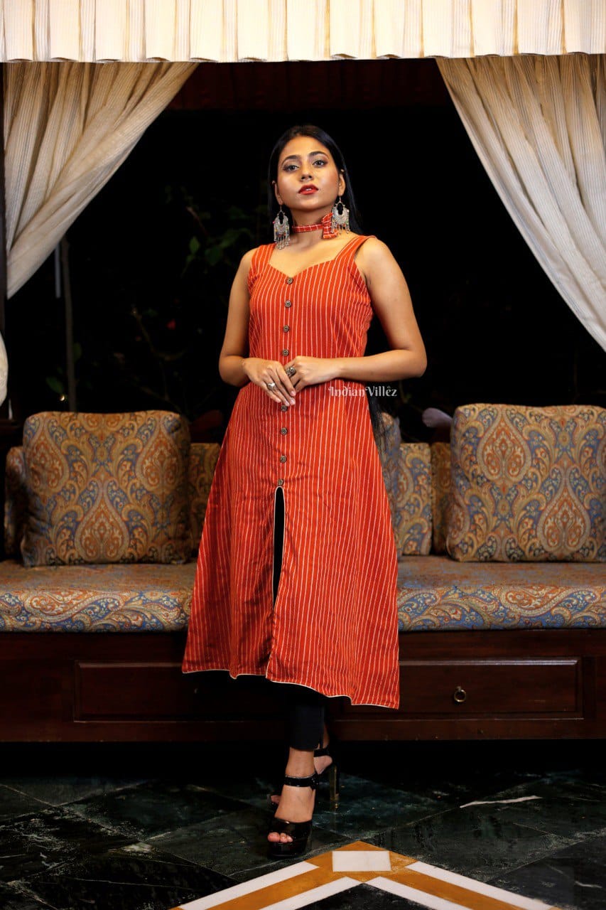 Orange Stripes Middle Slit Kotpad Organic Cotton Kurti