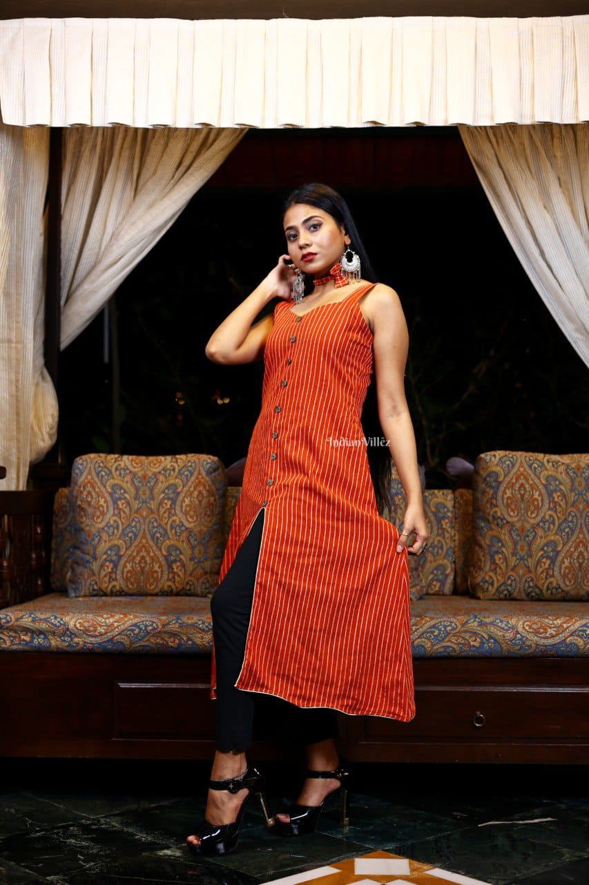 Orange Stripes Middle Slit Kotpad Organic Cotton Kurti