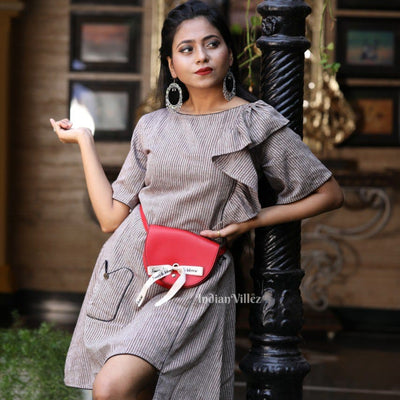 Grey Stripes Odisha Handloom Kotpad Organic Cotton Shirt Dress