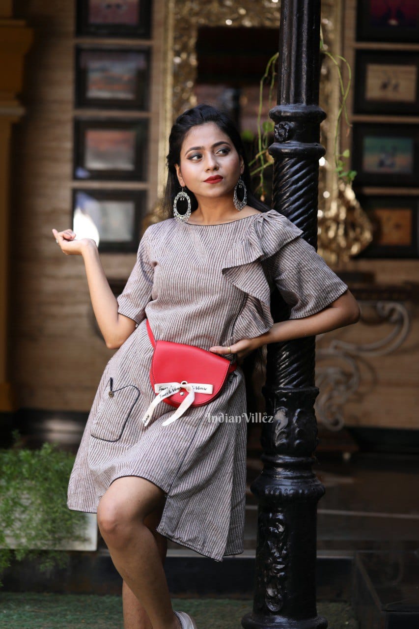 Grey Stripes Odisha Handloom Kotpad Organic Cotton Shirt Dress