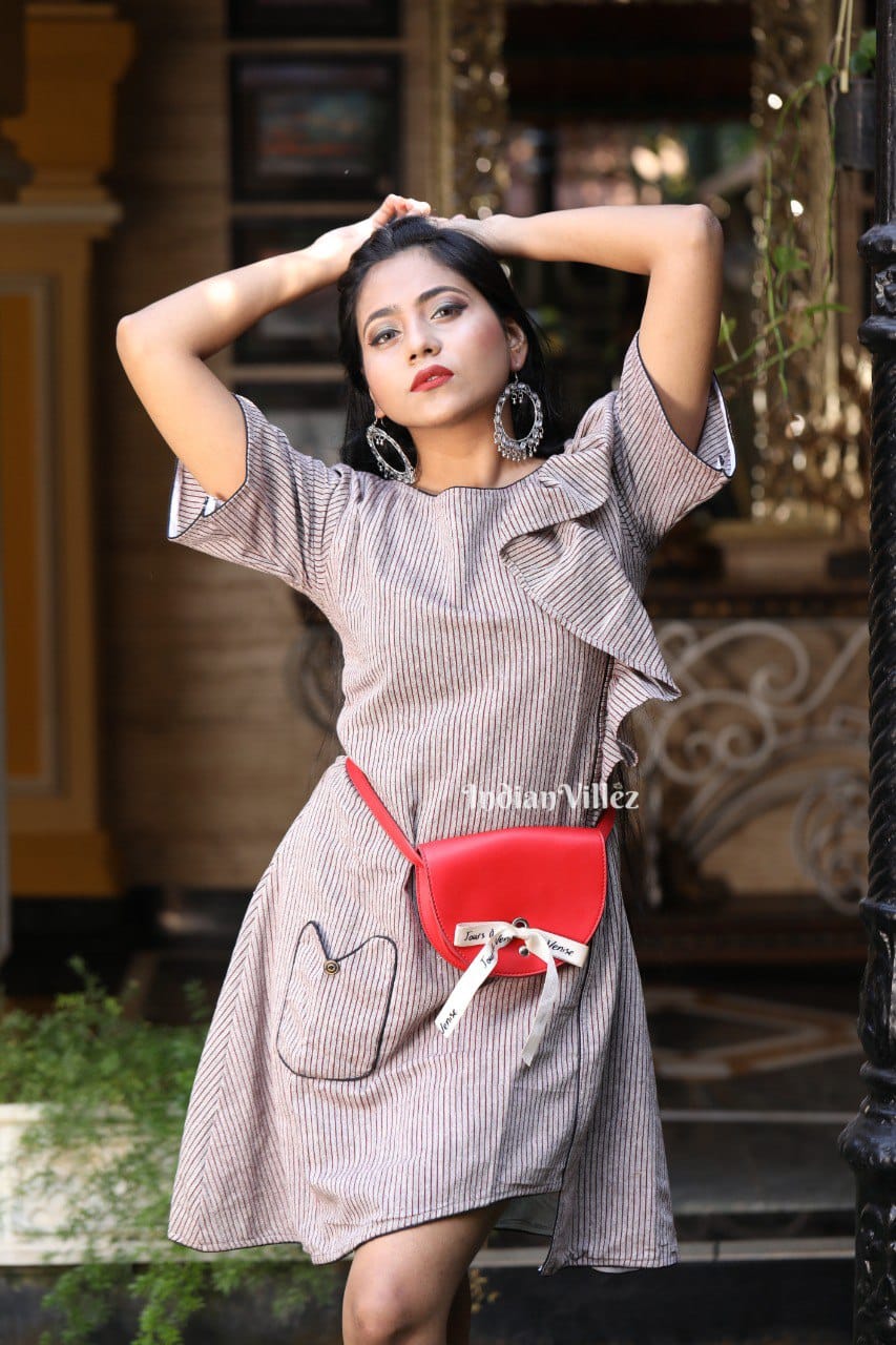Grey Stripes Odisha Handloom Kotpad Organic Cotton Shirt Dress
