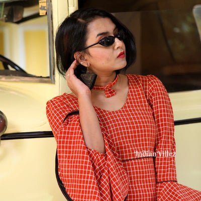 Orange Checks With Bell Sleeves Kotpad Organic Cotton A-Line Dress