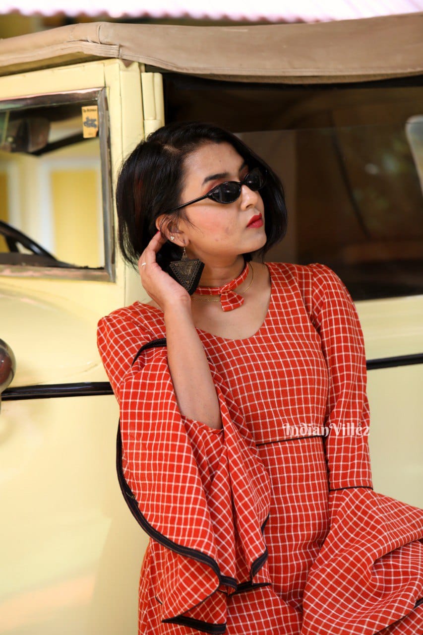 Orange Checks With Bell Sleeves Kotpad Organic Cotton A-Line Dress