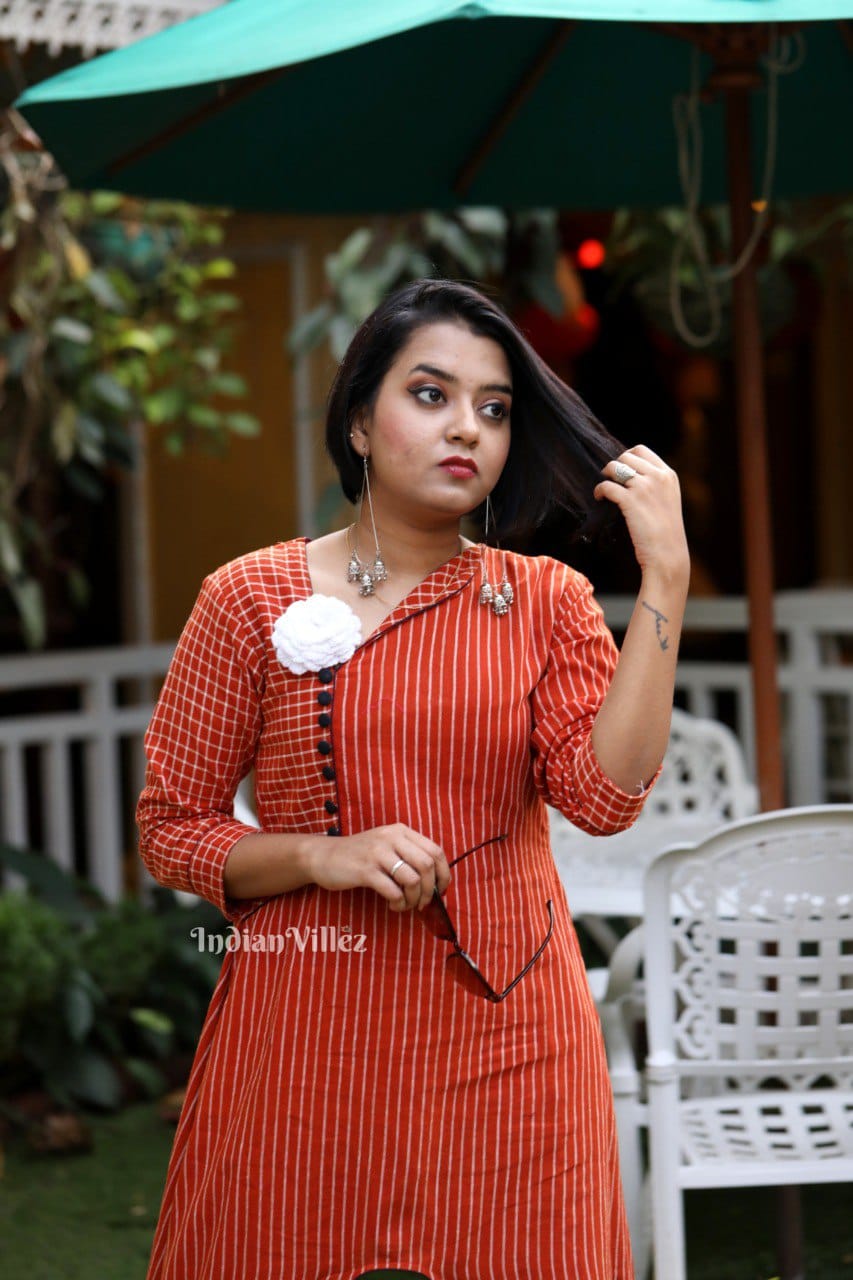 Orange Stripes Kotpad Organic Cotton Kurti for Women