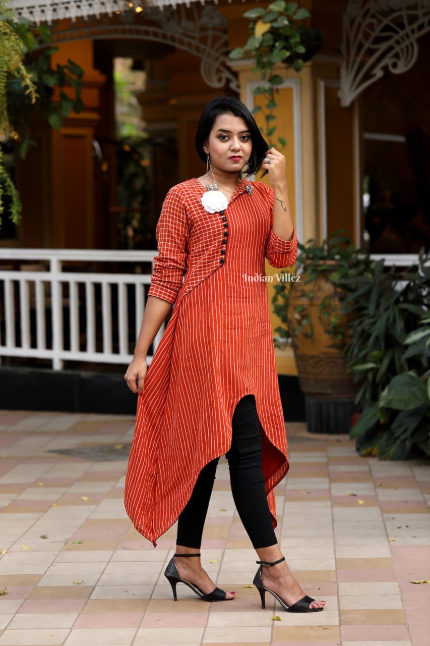 Orange Stripes Kotpad Organic Cotton Kurti for Women