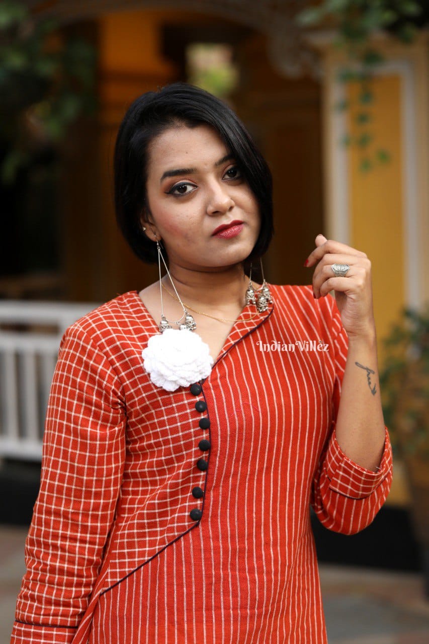 Orange Stripes Kotpad Organic Cotton Kurti for Women