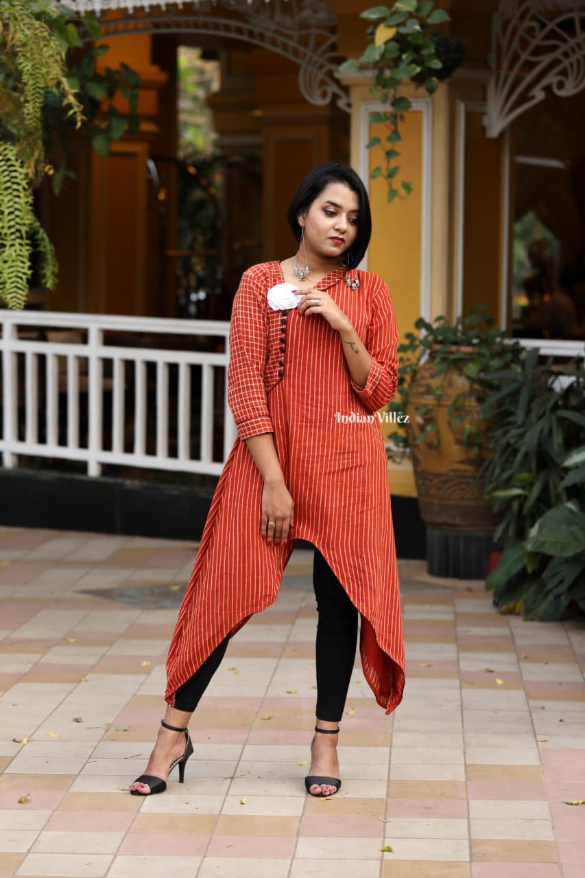 Orange Stripes Kotpad Organic Cotton Kurti for Women