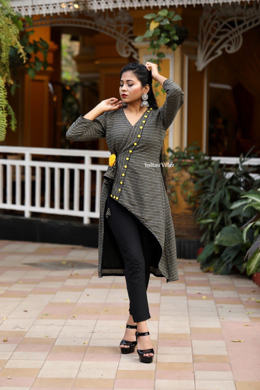 Black Checkered Kotpad Organic Cotton Kurti for Women