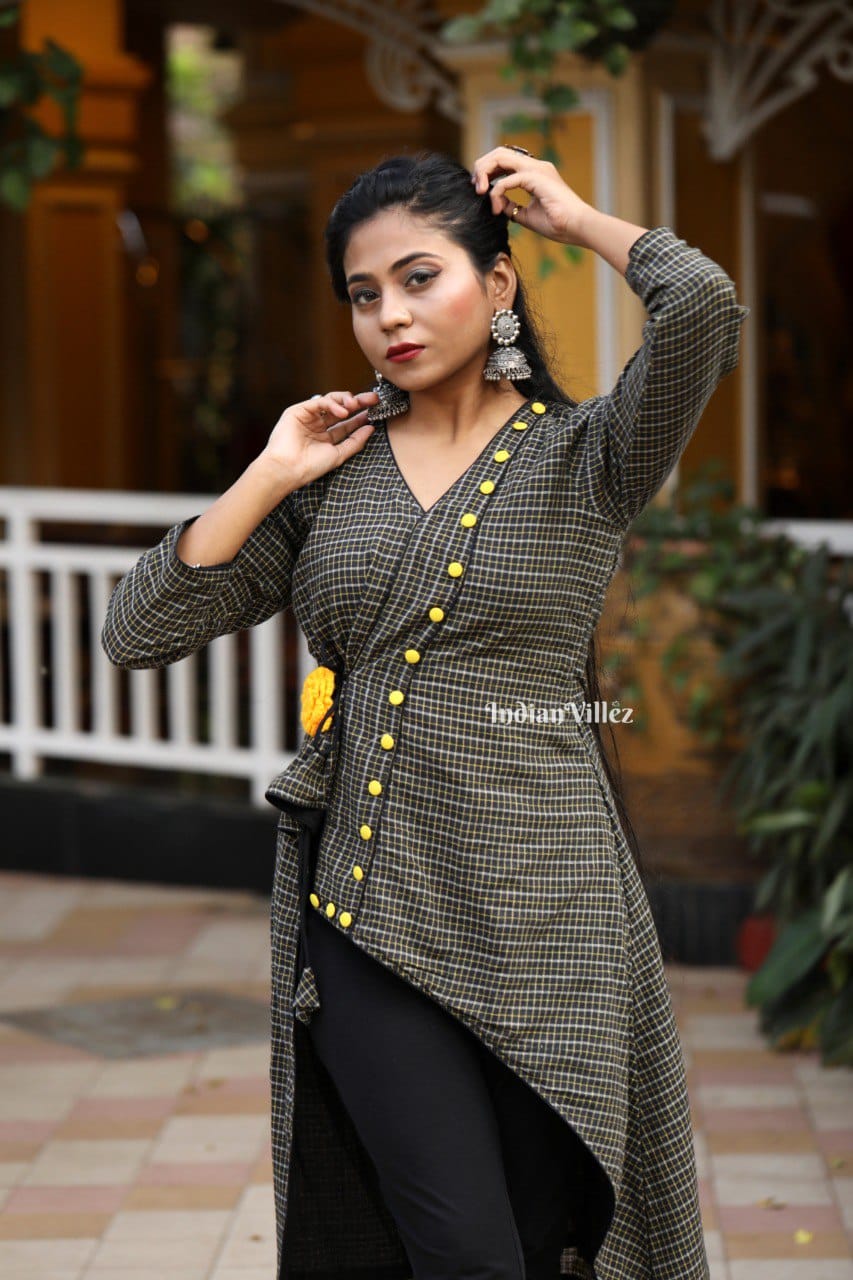 Black Checkered Kotpad Organic Cotton Kurti for Women