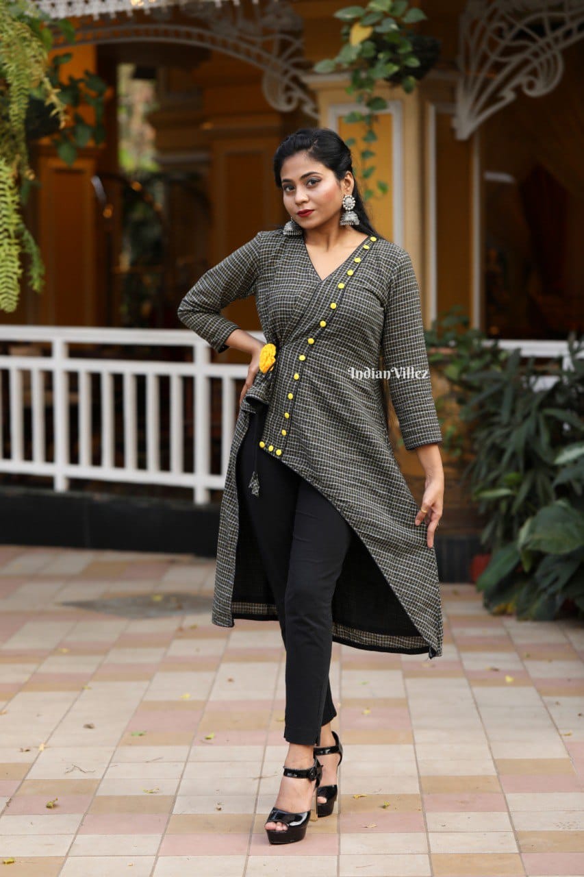 Black Checkered Kotpad Organic Cotton Kurti for Women