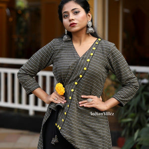 Black Checkered Kotpad Organic Cotton Kurti for Women