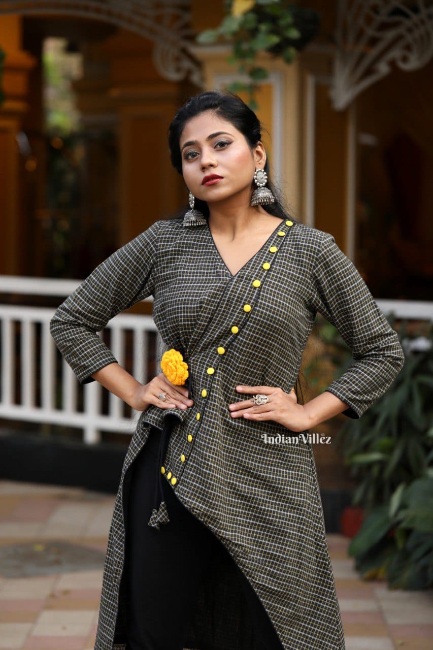 Black Checkered Kotpad Organic Cotton Kurti for Women