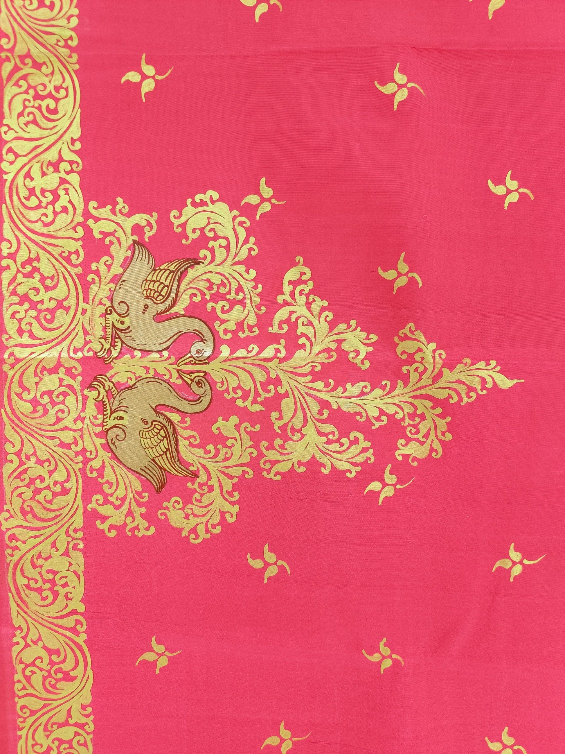 Royal Pink Swan Hand-Painted Pattachitra Saree
