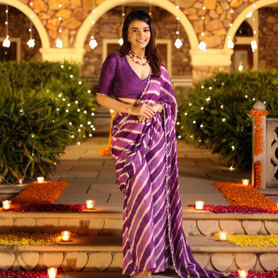 Kimaya Purple Leheriya Silk Pre Draped Saree