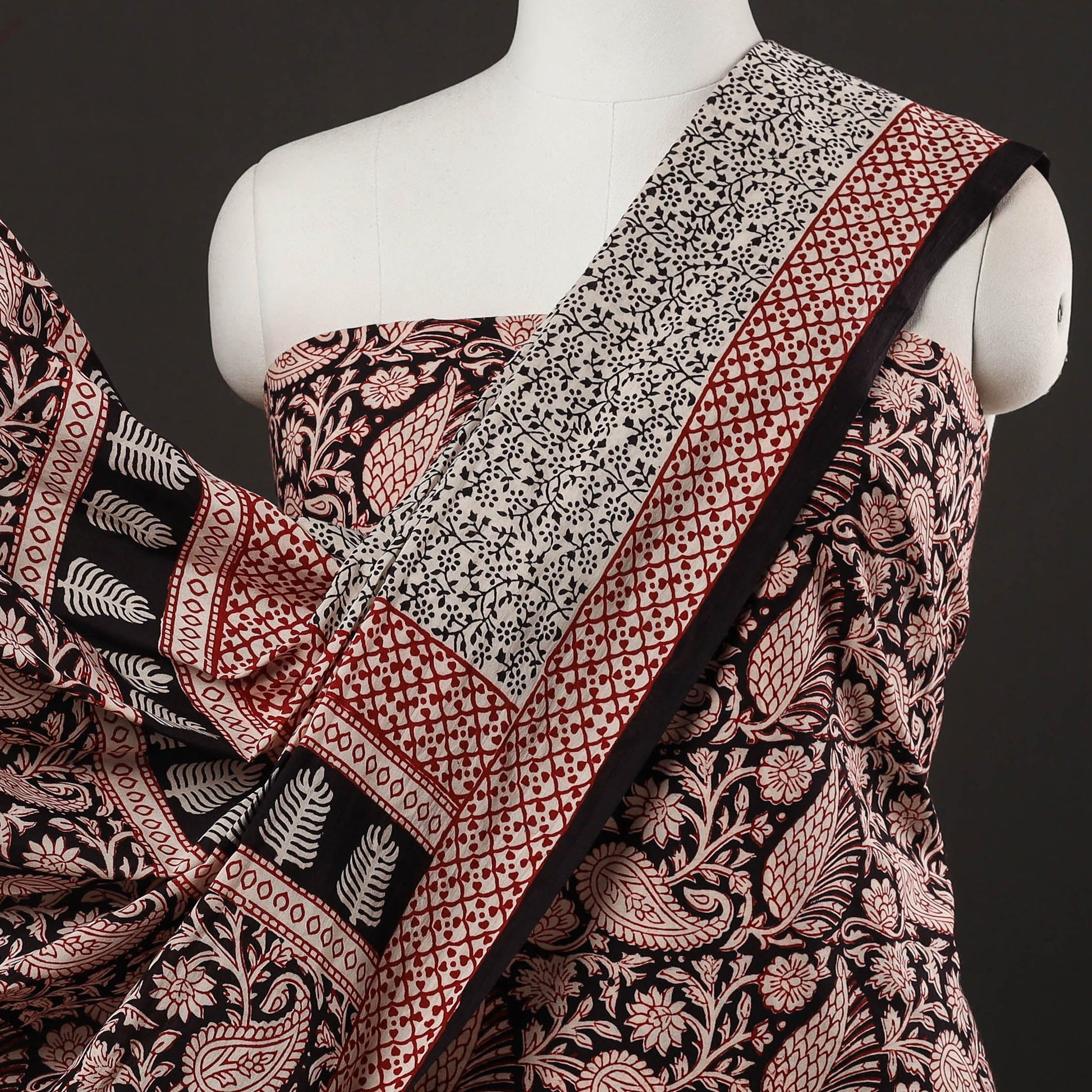 Black - 3pc Natural Dyed Cotton Bagh Print Suit Material Set