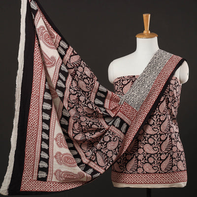 Black - 3pc Natural Dyed Cotton Bagh Print Suit Material Set