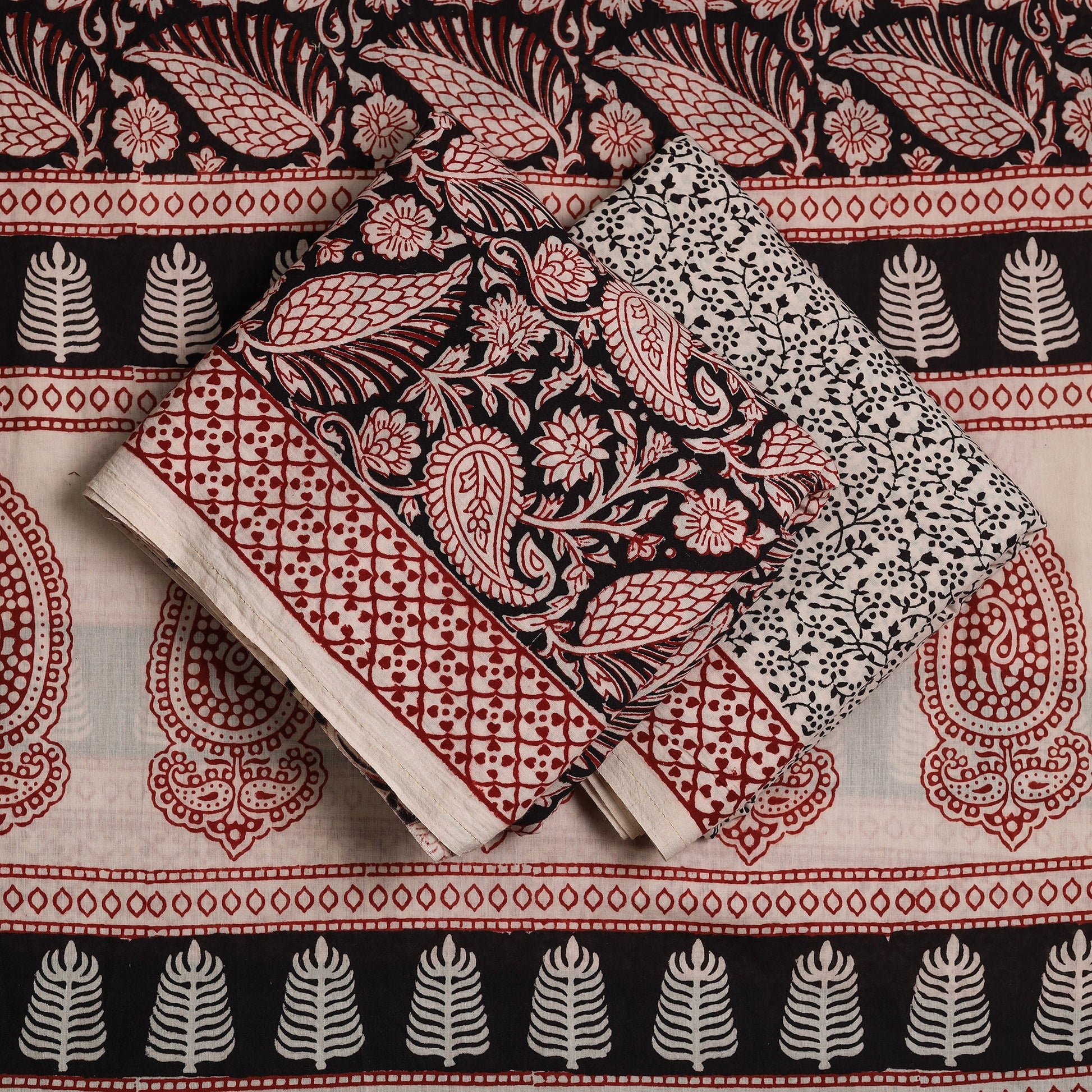 Black - 3pc Natural Dyed Cotton Bagh Print Suit Material Set
