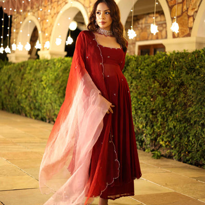 Maroon Blush Embroidered Georgette Suit Set