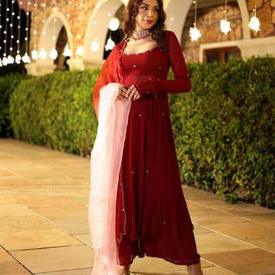 Maroon Blush Embroidered Georgette Suit Set