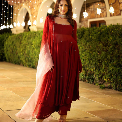 Maroon Blush Embroidered Georgette Suit Set