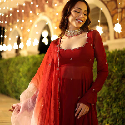 Maroon Blush Embroidered Georgette Suit Set