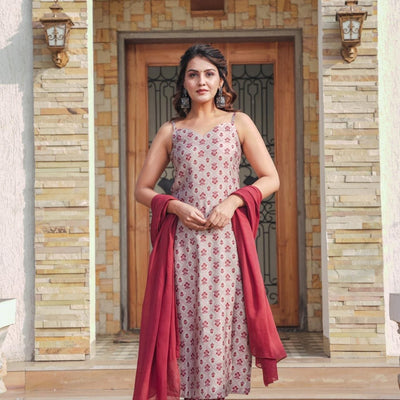 CRIMSON MUSLIN STRAIGHT SUIT SET