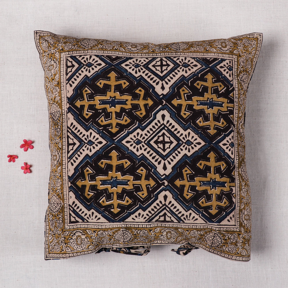 Black - Original Pedana Block Print Cotton Kalamkari Cushion Cover