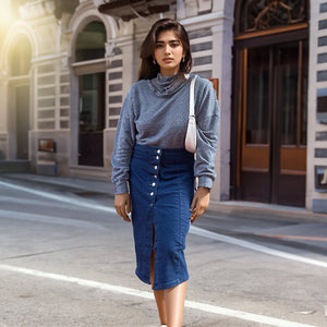 Dark Denim Front Open Midi Skirt