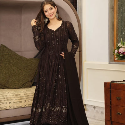 brown embroidered georgette suit set