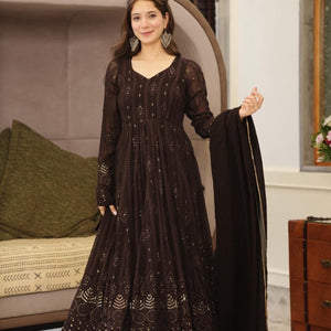 brown embroidered georgette suit set