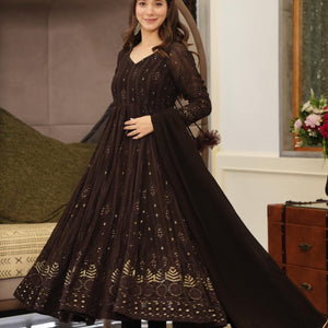 brown embroidered georgette suit set