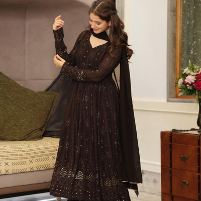 brown embroidered georgette suit set