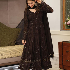 brown embroidered georgette suit set