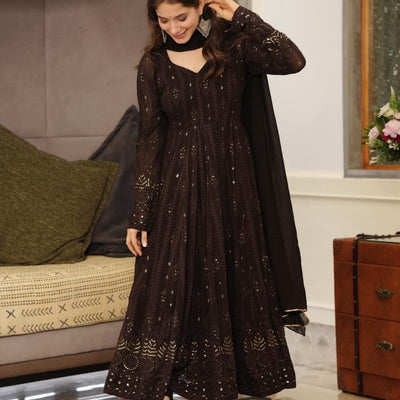 brown embroidered georgette suit set