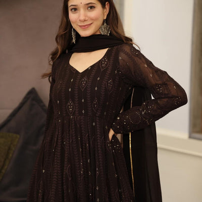brown embroidered georgette suit set