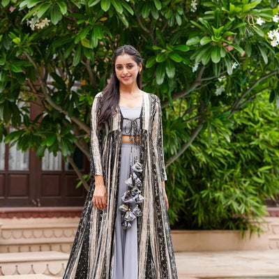 YAMUNA GREY CROPTOP-SHRUG SET