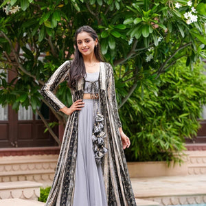 YAMUNA GREY CROPTOP-SHRUG SET