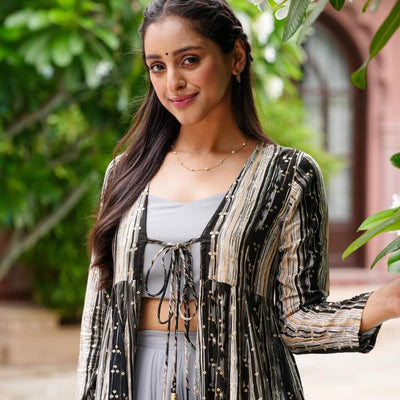 YAMUNA GREY CROPTOP-SHRUG SET